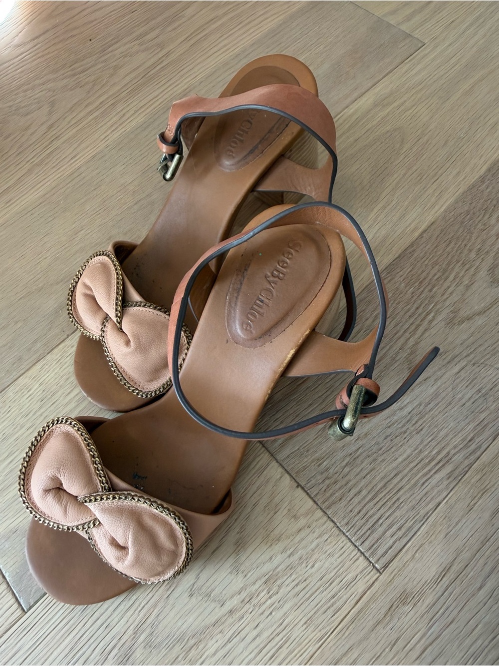 See By Chloe Peachy Brown Knotted Bow Leather Heels